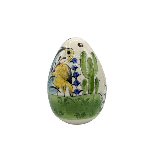 Mexican Pottery Handpainted & Glazed Egg Tonala Style Yellow Birds Cactus 6” Egg - Picture 6 of 9